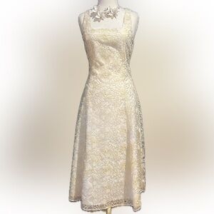 Flora Bea Delphine gold embroidery chiffon backless/keyhole midi/fit & flare-NWT